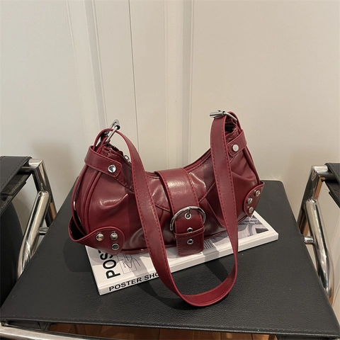 Sac À Épaule Femme Cuir PU Style Moto Punk Rétro Rivet Boucle Argentée Plissé Sous L'aisselle Crossbody Hobo