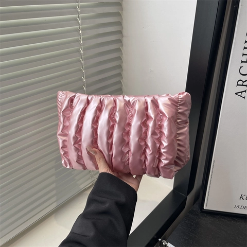 Metallic Quilted Pleated Clutch Bag For Women Trendy Puffy Evening Bag Small Square Handbag For Wedding Party Banquet