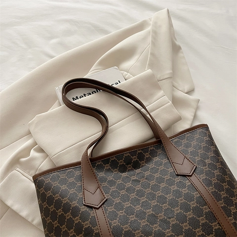 Vintage Monogram Print Tote Bag Grote Capaciteit PU Leer Schoudertas Voor Vrouwen Mode Dagelijks Woon Werkverkeer