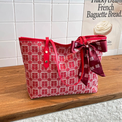 Borsa Tote In Tela Da Donna Stile Cinese Motivo Doppia Felicità Grande Capacità Borsa Da Mano Matrimonio Con Fiocco