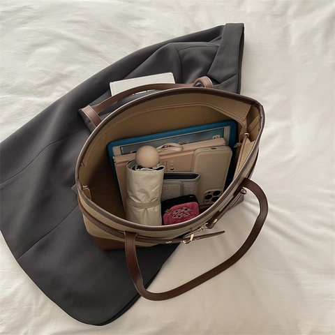 Borsa Tote Grande Donna Texture Lychee Pelle PU Cinturino Decorativo Fibbia Oro Ufficio Moda Spalla Mano