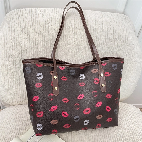Large Capacity Tote Bag Women PU Leather Lips Print Fashion Handbag Commuter Shoulder Bag Every Day Casual