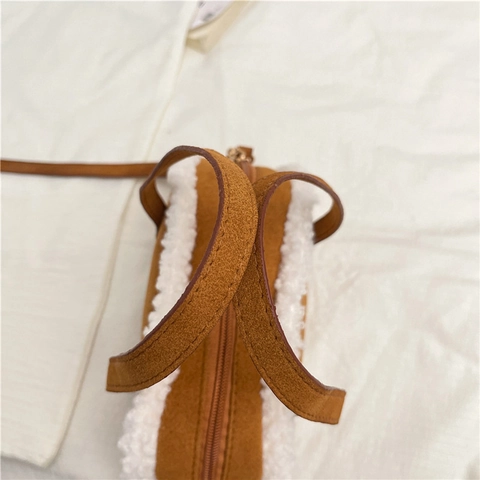 Vintage Retro Suede Shoulder Bag With Lamb Wool Trim Semicircle Crossbody Handbag Adjustable Strap Casual Winter Women