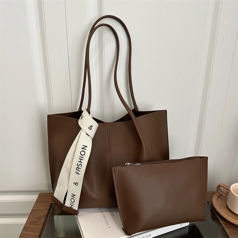 Bolso Tote De Cuero PU Para Mujer Gran Capacidad Bolso De Hombro Con Decoración De Cinta Y Bolsa Interior