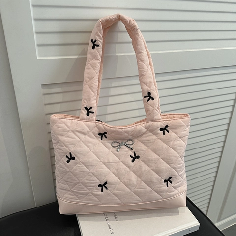 Quilted Nylon Shoulder Bag Embroidered Bowknot Large Capacity Tote Handbag For Women Versatile Commuter