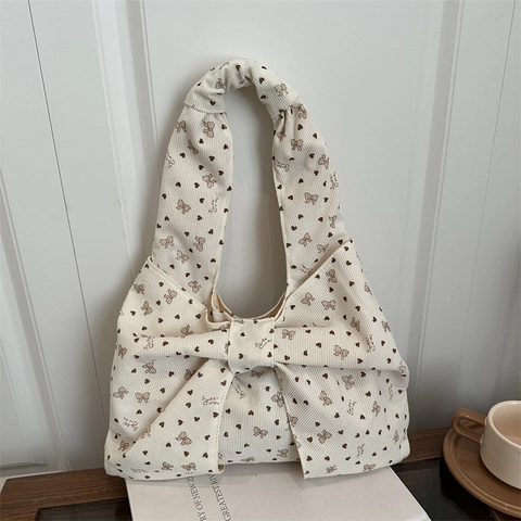 Women Corduroy Shoulder Bag Large Capacity Sweet Bow Knot Heart Print Casual Korean Style Tote Bag