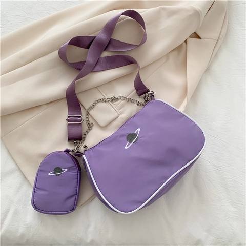 Nylon Shoulder Crossbody Bag Planet Embroidery Chain Wide Webbing Strap And Mini Coin Purse Underarm Bag For Women