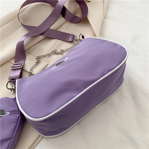 Nylon Shoulder Crossbody Bag Planet Embroidery Chain Wide Webbing Strap And Mini Coin Purse Underarm Bag For Women