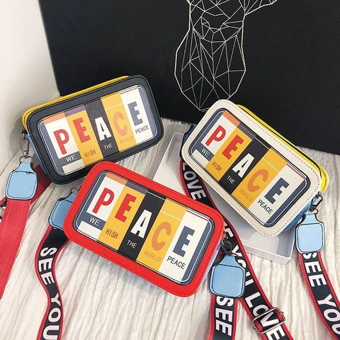 Women Crossbody Bag Small Square PU Leather Letter Print Peace Slogan Wide Webbing Strap Streetwear Fashion Messenger