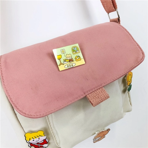 Bolso Mensajero Lona Bloque De Color Lindos Parches De Dibujos Animados Bolso De Hombro Estilo Harajuku Para Mujeres Niñas