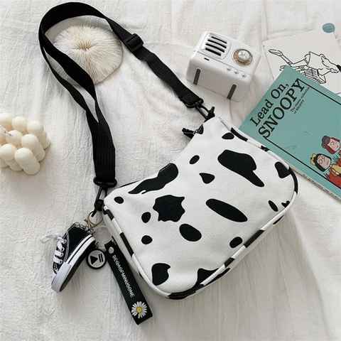 Sac Bandoulière En Toile Imprimé Vache Style Japonais Kawaii Pochette Épaule Pour Femmes Adolescentes