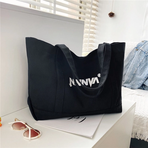 Große Kapazität Leinwand Tote Bag Frauen Japanischen Stil Buchstaben Druck Magnetverschluss Lässige Schulterhandtasche