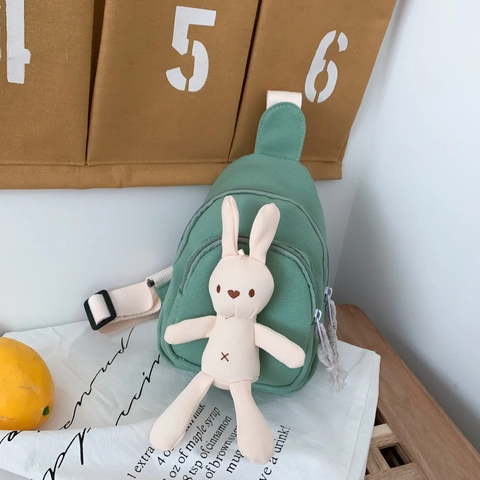 Linda Bolsa De Pecho De Lona Para Niñas Niños Con Decoración De Muñeca De Conejo De Peluche Correa Ajustable