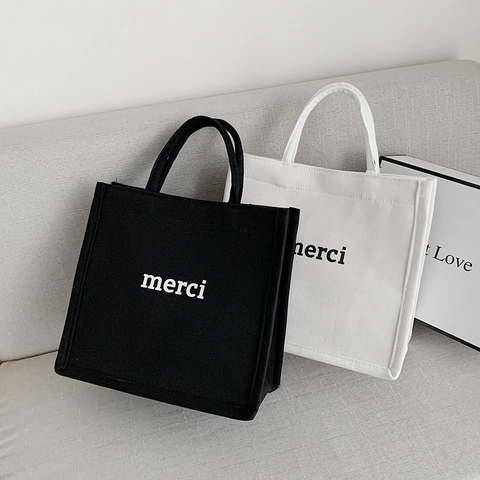Large Capacity Canvas Tote Bag With Merci Letter Print Square Handbag For Women Casual Shoulder Bag