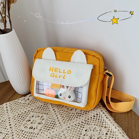 Cute Cartoon Rabbit Ear Crossbody Bag Nylon Canvas Transparent Window Plush Toy Small Square Shoulder Bag Women Students