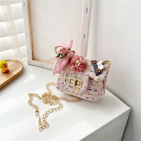 Kids Crossbody Bag Tweed Fashion Princess Mini Girl Shoulder Bag With Flower Rabbit Doll Metal Chain Turn Lock