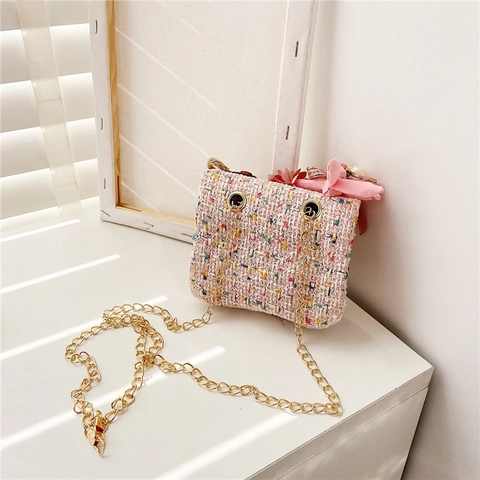 Kids Crossbody Bag Tweed Fashion Princess Mini Girl Shoulder Bag With Flower Rabbit Doll Metal Chain Turn Lock