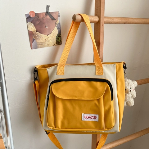 Sac Fourre-Tout En Tissu Oxford Grande Capacité Pour Femmes Étudiantes Sac À Bandoulière Color Block Avec Pendentif Ours
