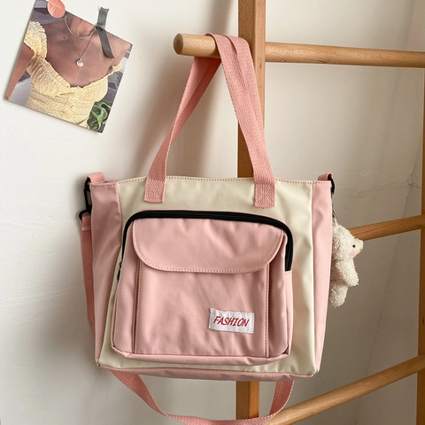 Sac Fourre-Tout En Tissu Oxford Grande Capacité Pour Femmes Étudiantes Sac À Bandoulière Color Block Avec Pendentif Ours