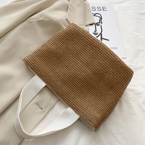 Borsa A Mano In Paglia Intrecciata Vacanze Al Mare Stile Pastorale Coreano Per Donna Con Manico In Tela Bottone