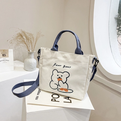 Sac Bandoulière En Toile Imprimé Ours Mignon Style Ins Japonais Sac À Main Avec Bandoulière Réglable Sac À Épaule