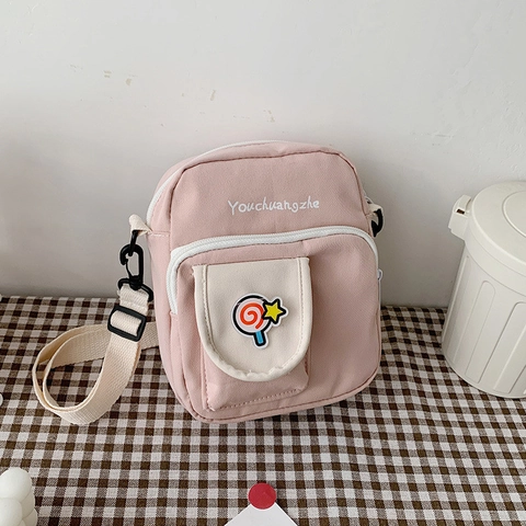 Cute Canvas Crossbody Bag For Women Small Japanese Fresh Nylon Shoulder Pouch With Cartoon Patch For Students Girls