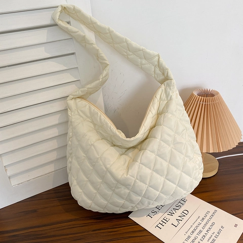 Dames Gewatteerde Schoudertas Puffer Ruitpatroon Grote Capaciteit Nylon Tote Lichtgewicht Handtas Casual
