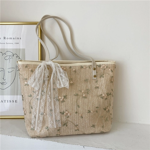 Borsa Tote Da Donna In Paglia Intrecciata Con Ricamo Floreale E Fiocco In Pizzo Borsa Da Spiaggia Estiva