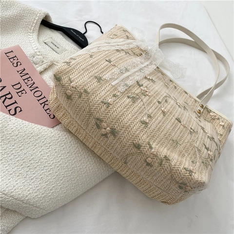 Borsa Tote Da Donna In Paglia Intrecciata Con Ricamo Floreale E Fiocco In Pizzo Borsa Da Spiaggia Estiva