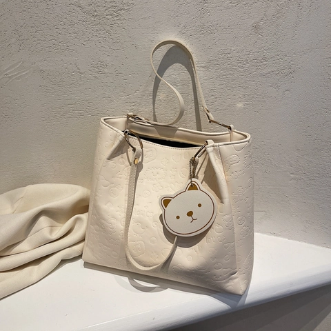 Women Tote Bag PU Leather Polyester Lining Large Capacity Embossed Cartoon Bear Casual Shoulder Bag With Charm