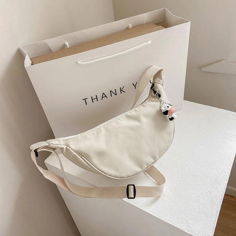 Bolso De Hombro De Media Luna De Nailon Para Mujer Estampado De Vaca Color Sólido Bolso Cruzado Casual Con Colgante