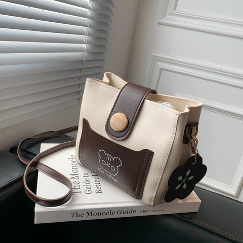 Cartoon Bear Contrast Color Shoulder Bag PU Leather Small Crossbody Bucket Handbag With Wooden Button For Women