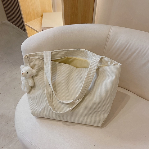 Borsa Tote In Velluto A Coste Da Donna Grande Capacità Retrò Semplice Studente Scuola Borsa A Spalla Con Ciondolo Orso