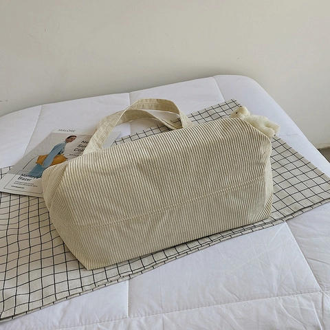 Borsa Tote In Velluto A Coste Da Donna Grande Capacità Retrò Semplice Studente Scuola Borsa A Spalla Con Ciondolo Orso