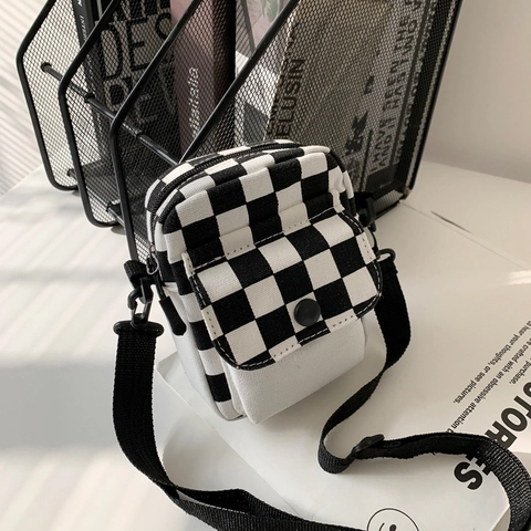 Petit Sac À Bandoulière Carré Toile Damier Couleur Contrastée Poche À Rabat Sangle Réglable Femmes Filles