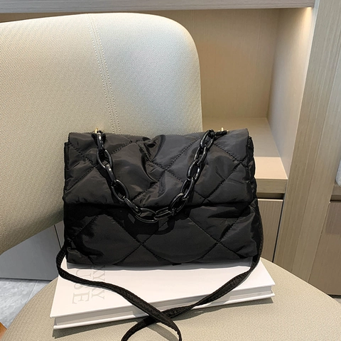 Women Quilted Shoulder Bag Nylon Square Handbag With Resin Chain Strap Lingge Pattern Fashion Crossbody For Daily Use