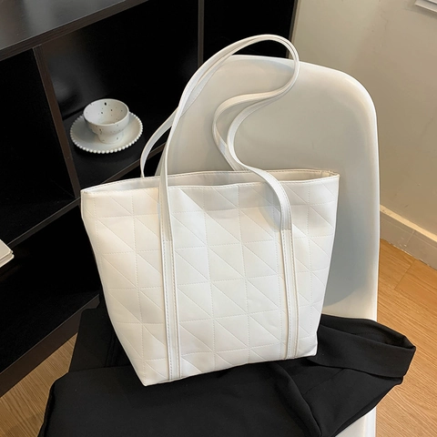 Women Large Capacity Tote Bag PU Leather Geometric Quilted Shoulder Bag Solid Color Casual Commute Fashion Handbag Purse
