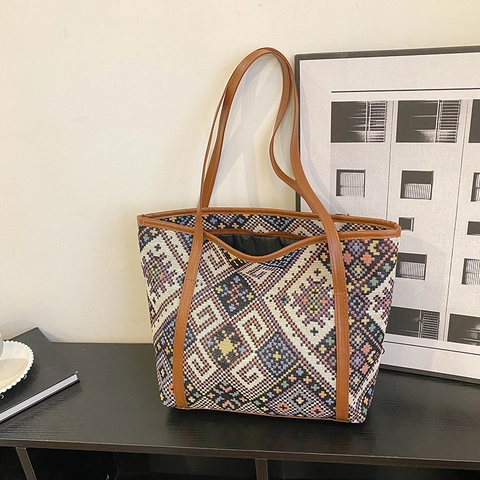 Ethnische Geometrisch Gewebte Tragetasche Für Damen Große Kapazität PU Leder Schulterhandtasche Mode Lässig Retro Stil
