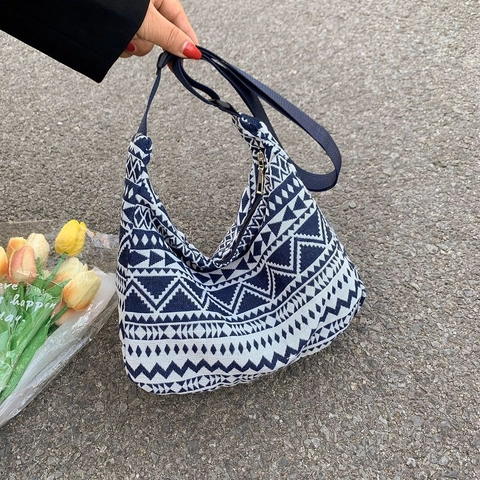 Ethnische Geometrische Muster Gewebte Segeltuchtasche Japanische Vintage Umhängetasche Mit Großer Kapazität Für Damen