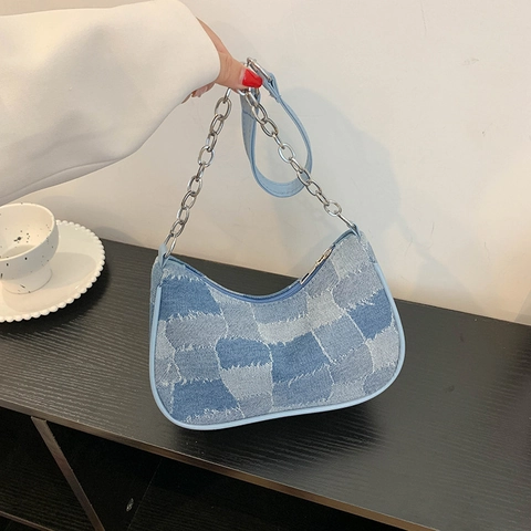 Sac Sous Les Aisselles Denim Patchwork Vintage Imprimé Étoile Chaîne Métal Style Y2K Rétro Sac À Main Femme