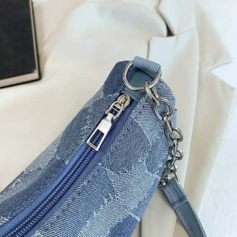Sac Sous Les Aisselles Denim Patchwork Vintage Imprimé Étoile Chaîne Métal Style Y2K Rétro Sac À Main Femme