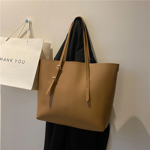 Große Shopper Tasche PU Leder Minimalistische Pendler Handtasche Mit Innentasche Doppelter Schultergurt Vintage Design Damen Büro Shopping