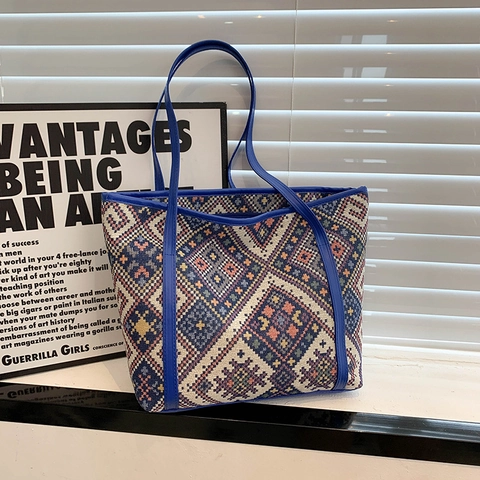 Ethnische Geometrische Gewebte Tragetasche Große Kapazität PU Lederbesatz Umhängetasche Vintage Muster Casual Handtasche Für Damen