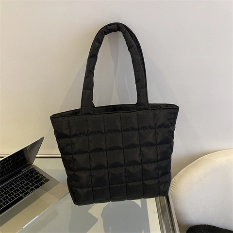 Large Capacity Quilted Puffer Tote Bag Lightweight Nylon Solid Color Padded Shoulder Handbag For Women Daily Commute