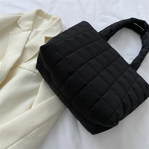 Large Capacity Quilted Puffer Tote Bag Lightweight Nylon Solid Color Padded Shoulder Handbag For Women Daily Commute