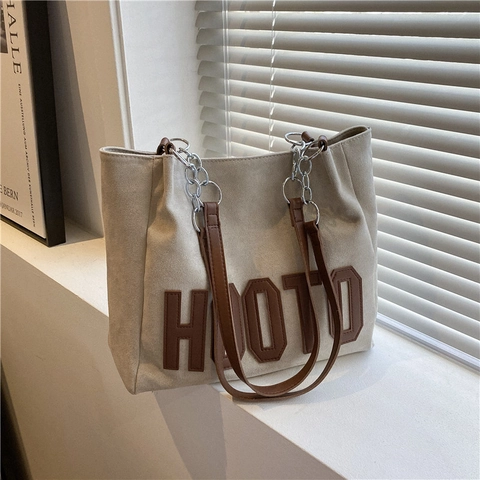 Grote Capaciteit Tote Bag Vrouwen Suède Textuur Schoudertas Letter Patch HOOTO Ketting Lederen Gespleten Riem Mode