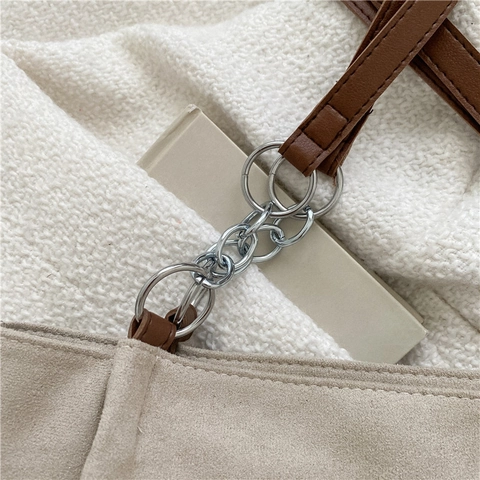 Grote Capaciteit Tote Bag Vrouwen Suède Textuur Schoudertas Letter Patch HOOTO Ketting Lederen Gespleten Riem Mode