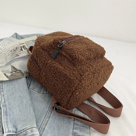 Mini Zaino In Lana Di Agnello Peluche Chiusura Con Cerniera Tasca Frontale Spallacci Regolabili Casual Moda Invernale