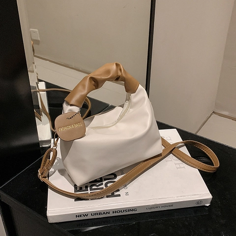 Women Dumpling Bag With Pleated Scrunchie Handle PU Leather Solid Color Crossbody Shoulder Bag Fashion Trendy Style
