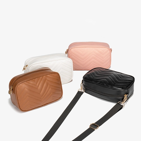 Women Quilted PU Leather Crossbody Camera Bag With Adjustable Wide Strap Chevron Pattern Fashion Square Shoulder Bag